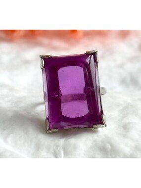 Faux Amethyst Stone Sterling Silver XL Solitaire 925 Vintage Ring - sz 6.5